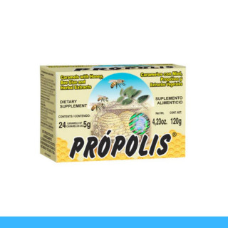 CARAMELOS PROPOLIS® MIEL, PROPOLEO Y EXTRACTOS VEGETALES CJA.24pz Clave:1608