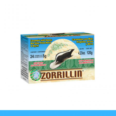 CARAMELOS ZORRILLIN® MIEL, PROPÓLEO, OCOTE Y MIRRA CJA.24pz Clave:1613